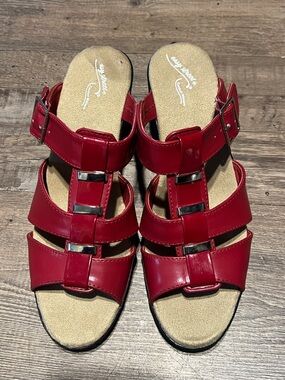 easy street Red Triple-Strap Slide Sandals with Buckle - never worn